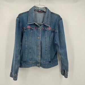 Agape Womens Embroidered Denim Jacket Sz L Whimsigoth Cottagecore Artisanal FLAW
